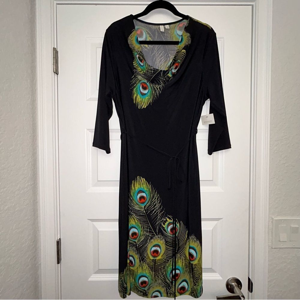 New, Madison Peacock Feather Print Cowlneck 3/4 Length Sleeve Dress - Picture 3 of 8